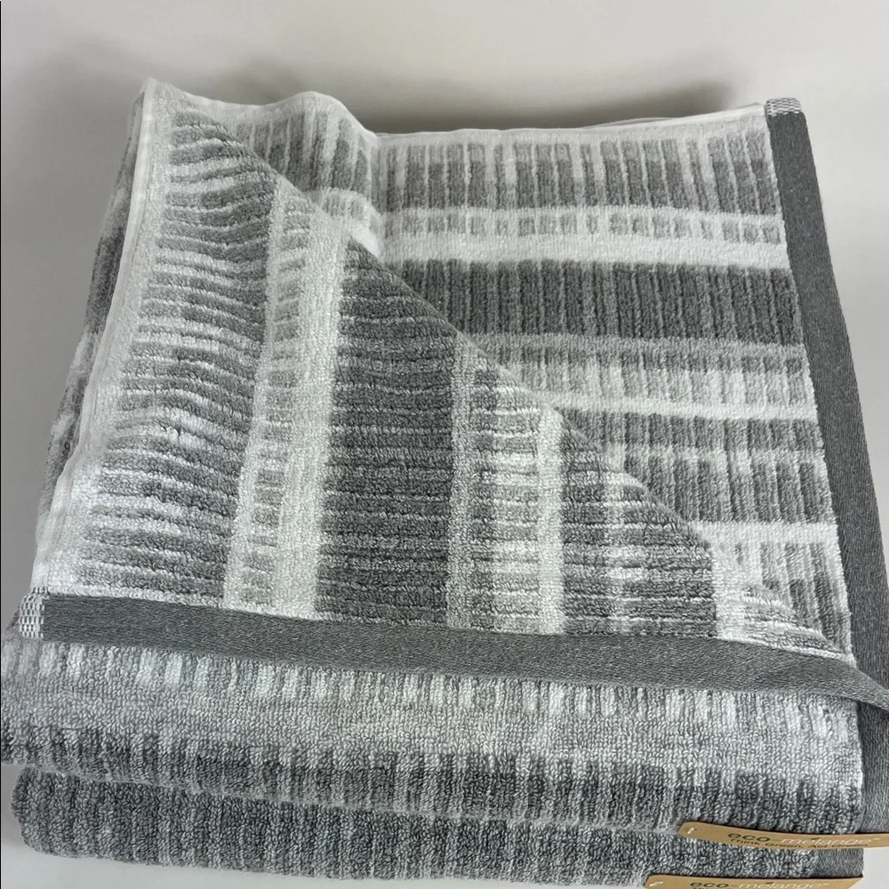 2 PC Eco Melange Bath Towels Gray & White Striped Soft Cotton Blend NEW